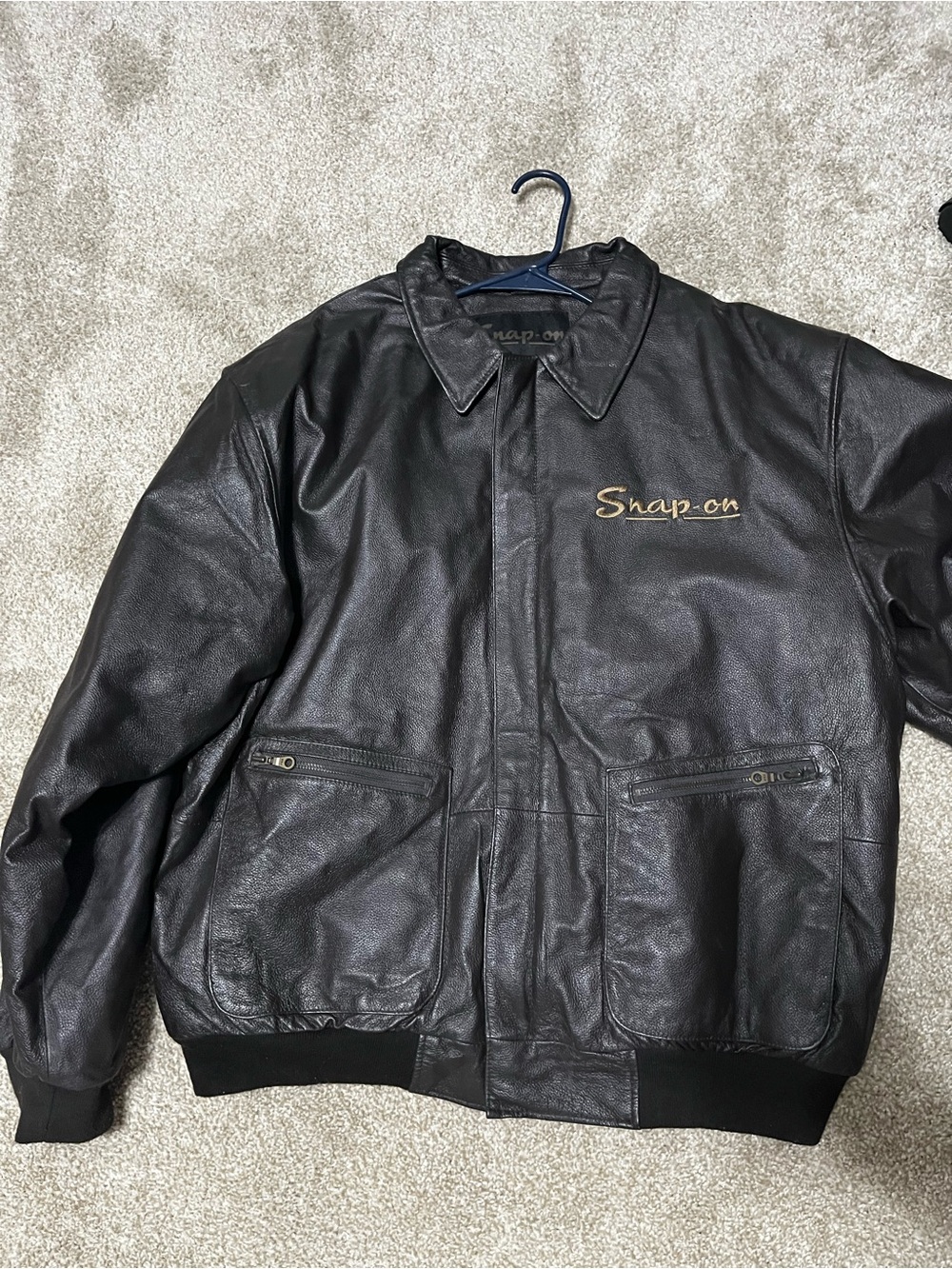 Snap-On Dark Brown/Black Leather Bomber Jacket with Embroidered Logo